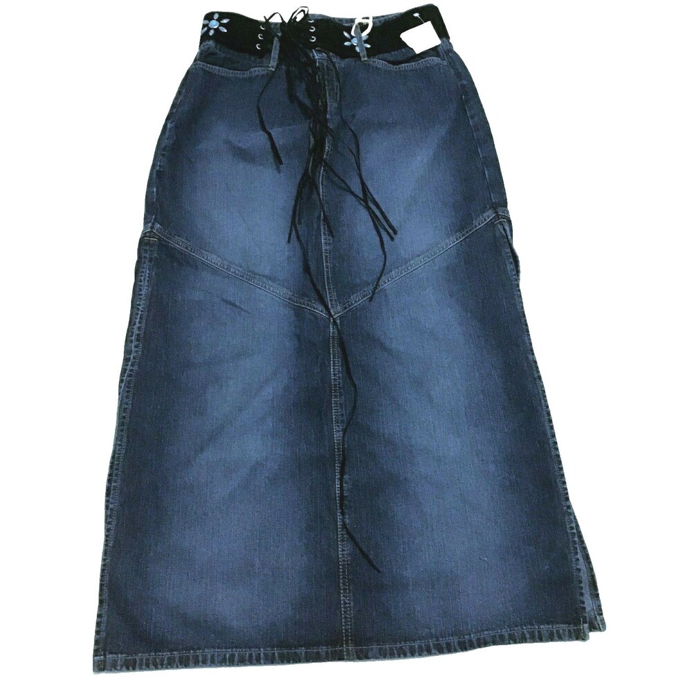 Paris Blues Y2K Blue Denim Maxi Skirt Size 11 Western Fringe Turq Studs Belt NWT
